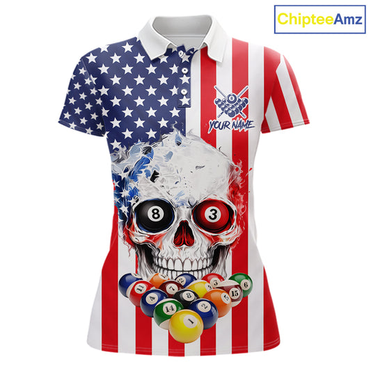 American Flag Grunge Skull Billiard Shirt For Women Custom Patriotic Pool Team Jersey Polo & 1/4 Zip TDM6132