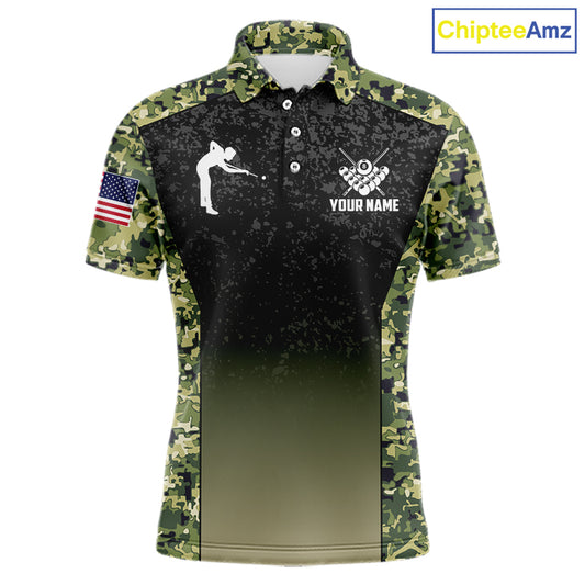 Custom Green Camo US Flag 8 Ball Pool Shirt For Men, Billiard Team Jersey Polo & 1/4 Zip TDM6138