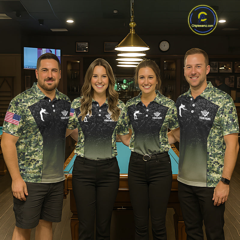 Custom Green Camo US Flag 8 Ball Pool Shirt For Men, Billiard Team Jersey Polo & 1/4 Zip TDM6138