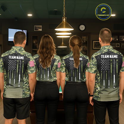 Custom Green Camo US Flag 8 Ball Pool Shirt For Men, Billiard Team Jersey Polo & 1/4 Zip TDM6138