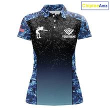 Load image into Gallery viewer, Custom Blue Camo US Flag 8 Ball Pool Shirt For Women, Billiard Team Jersey Polo &amp; 1/4 Zip TDM6139