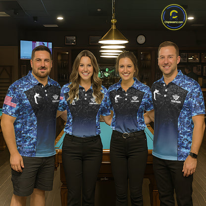 Custom Blue Camo US Flag 8 Ball Pool Shirt For Men, Billiard Team Jersey Polo & 1/4 Zip TDM6139