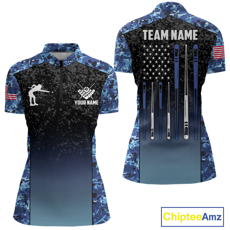 Custom Blue Camo US Flag 8 Ball Pool Shirt For Women, Billiard Team Jersey Polo & 1/4 Zip TDM6139