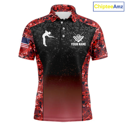 Custom Red Camo US Flag 8 Ball Pool Shirt For Men, Billiard Team Jersey Polo & 1/4 Zip TDM6140