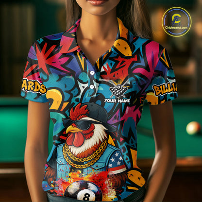 Funny Rooster Colorful Graffiti 8 Ball Billiard Shirt For Women Custom Pool Jersey Polo & 1/4 Zip TDM6368
