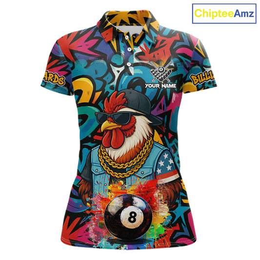 Funny Rooster Colorful Graffiti 8 Ball Billiard Shirt For Women Custom Pool Jersey Polo & 1/4 Zip TDM6368