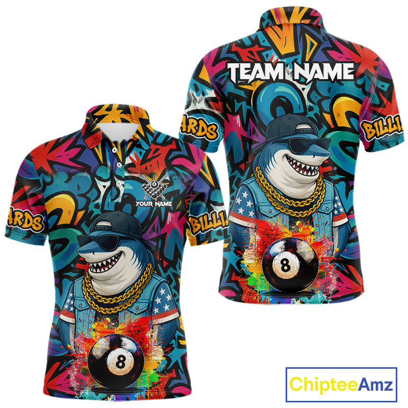 Funny Shark Colorful Graffiti 8 Ball Billiard Shirt For Men Custom Pool Jersey Polo & 1/4 Zip TDM6369