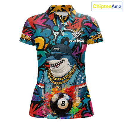 Funny Shark Colorful Graffiti 8 Ball Billiard Shirt For Women Custom Pool Jersey Polo & 1/4 Zip TDM6369