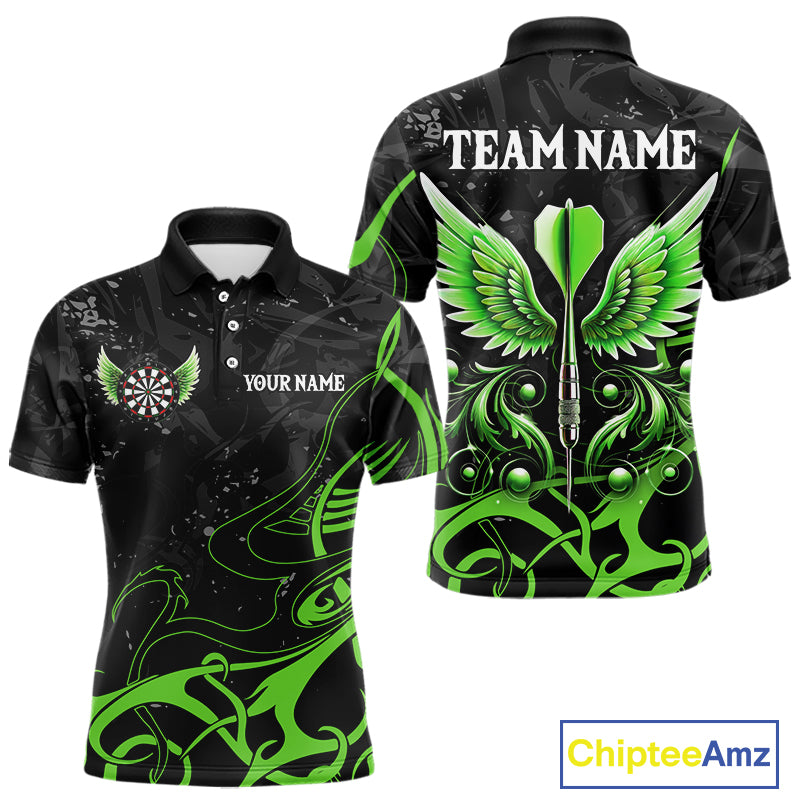 Black Green Custom Wings Darts Shirts For Men, Darts Jersey Pocket Option TDM4041