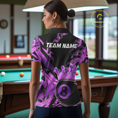 Personalized Purple 8 Ball Crown Billiard Shirt For Women, Pool King Team Jerseys Polo & 1/4 Zip TDM4237