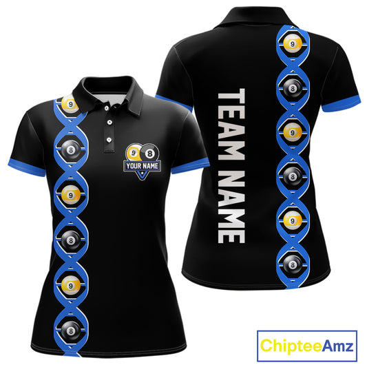 DNA Billiard 8 Ball & 9 Ball Shirts For Women Custom Funny Pool Jerseys Team Polo & 1/4 Zip |Blue TDM4391