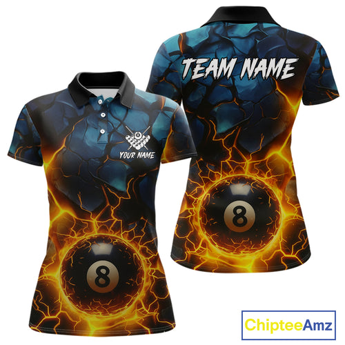 Personalized Fire Cracks 8 Ball Billiard Shirt For Women Custom 8 Ball Pool Jersey Polo & 1/4 Zip TDM5045
