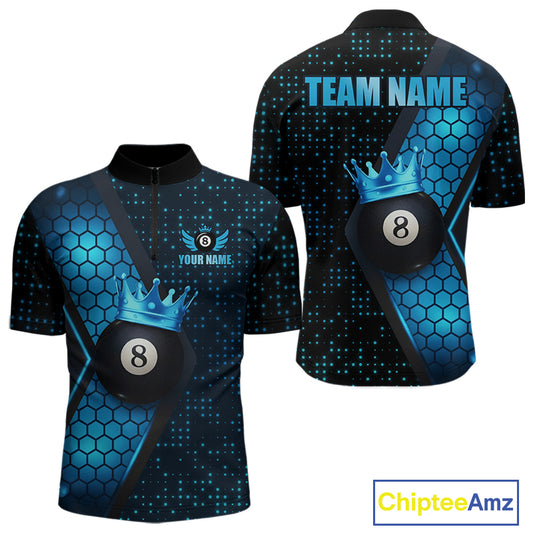 Personalized Blue 8 Ball Pool Crown Hexagon Billiard Shirt For Men, Billiard League Team Jersey TDM5046