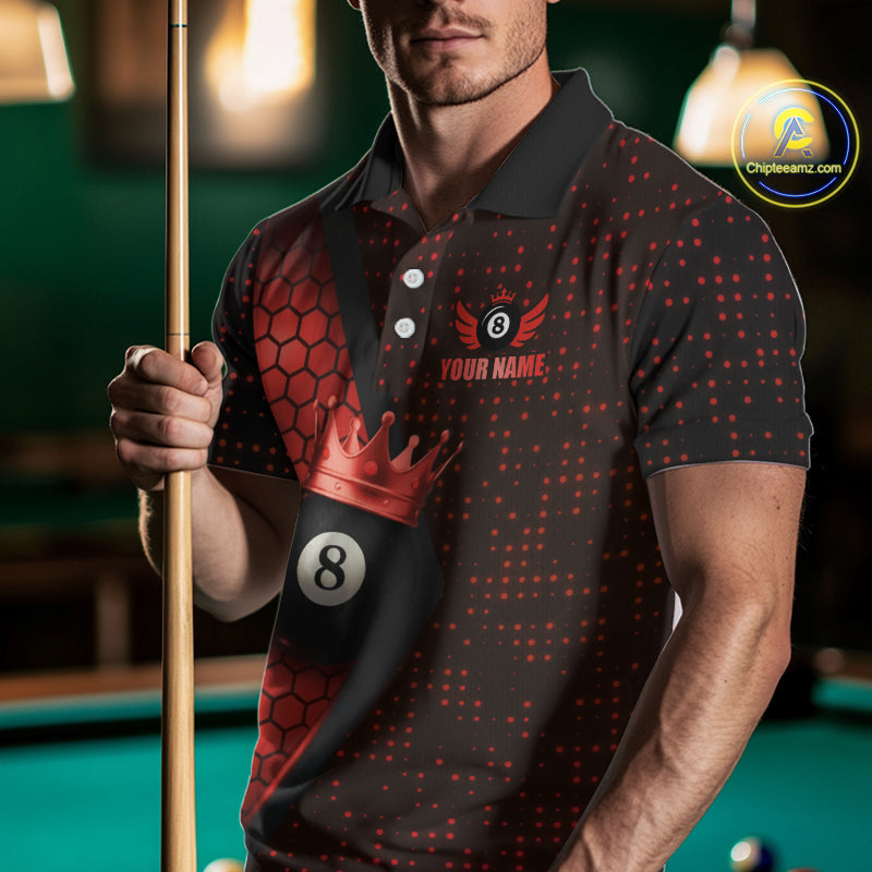 Personalized Red 8 Ball Pool Crown Hexagon Billiard Shirt For Men, Billiard League Team Jersey TDM5047