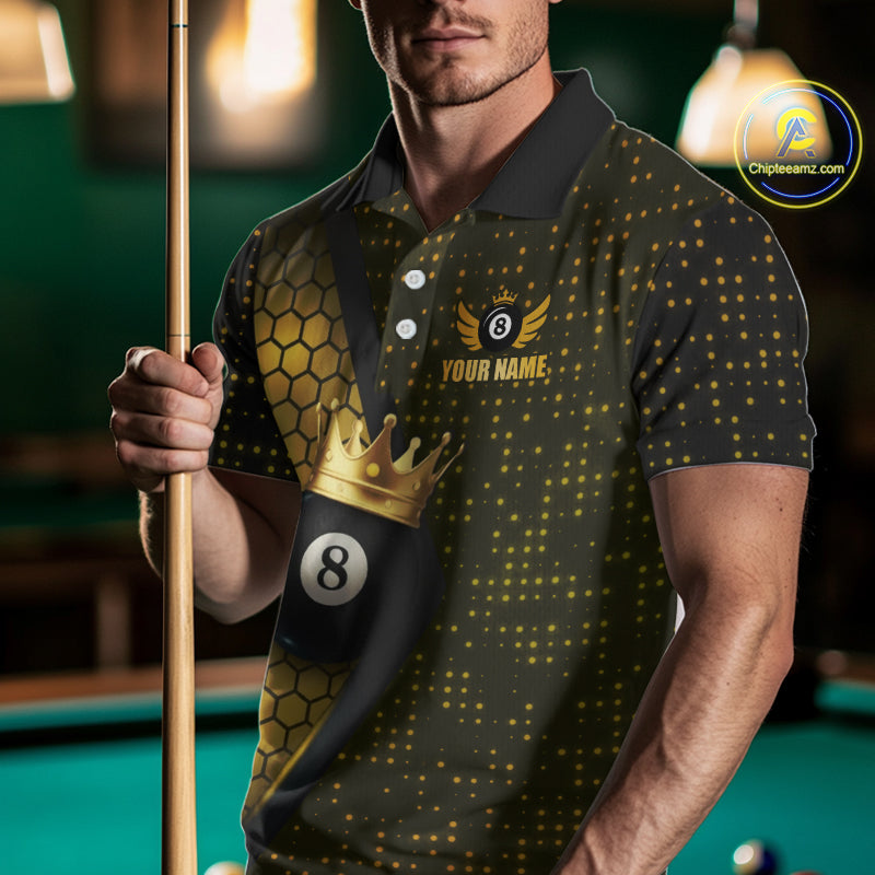 Personalized Gold 8 Ball Pool Crown Hexagon Billiard Shirt For Men, Billiard League Team Jersey TDM5048