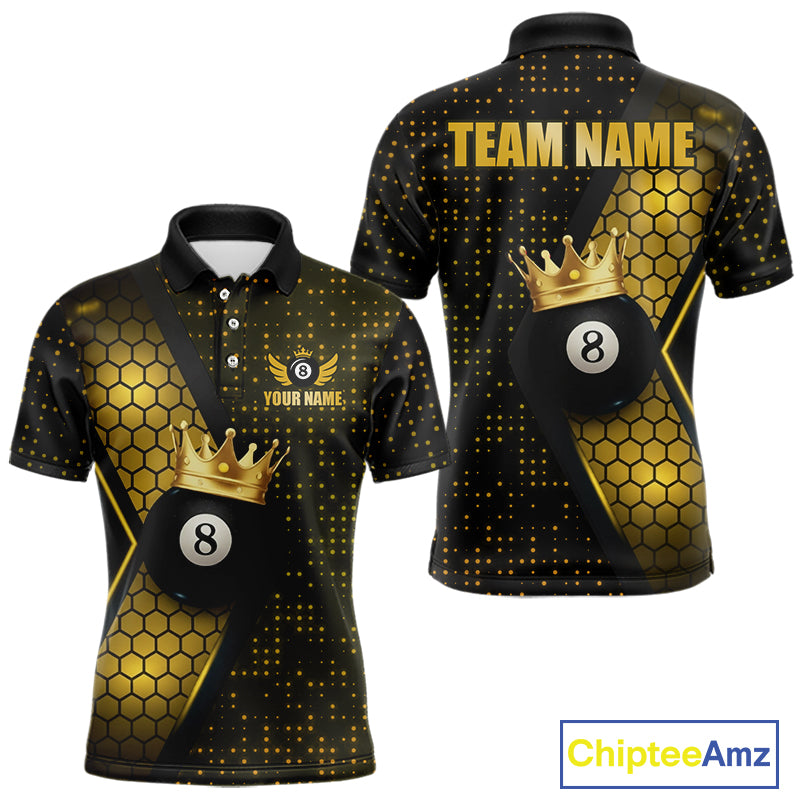 Personalized Gold 8 Ball Pool Crown Hexagon Billiard Shirt For Men, Billiard League Team Jersey TDM5048