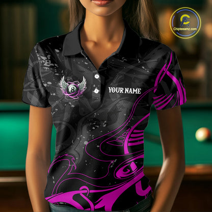 Black And Purple 8 Ball Wings Billiard Shirt For Women Custom Tribal Pool Jersey Team Polo & 1/4 Zip TDM5774