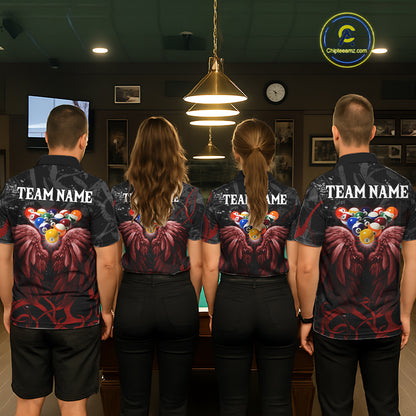 Black And Red 8 Ball Wings Billiard Shirt For Men Custom Tribal Pool Jersey Team Polo & 1/4 Zip TDM5776