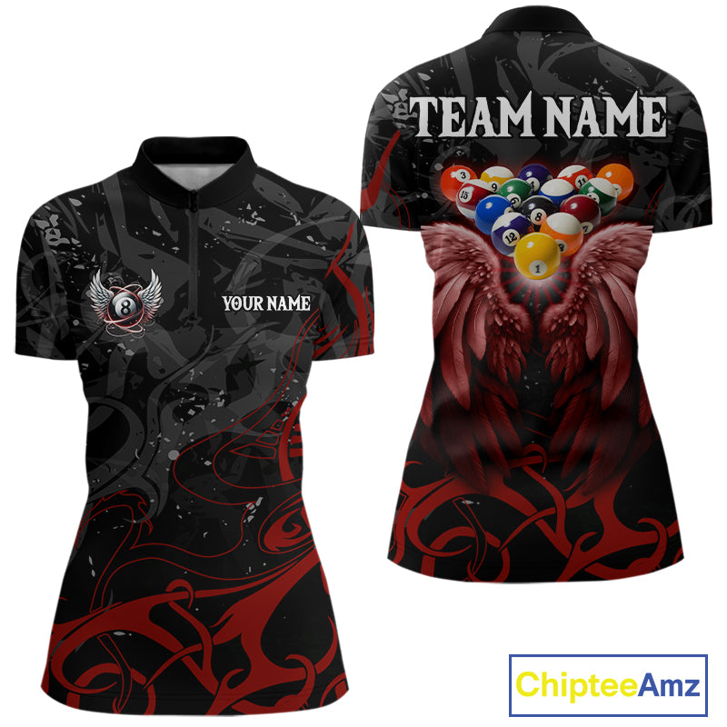 Black And Red 8 Ball Wings Billiard Shirt For Women Custom Tribal Pool Jersey Team Polo & 1/4 Zip TDM5776