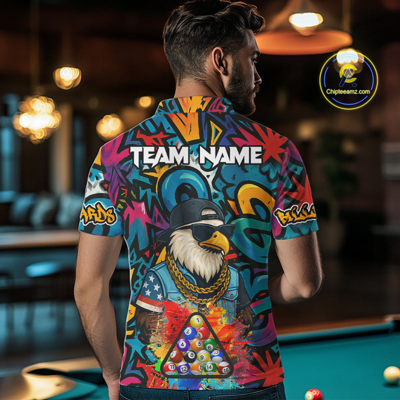 Funny Eagle Colorful Graffiti 8 Ball Billiard Shirt For Men Custom Billiard Jersey Pool Team Shirt TDM5782