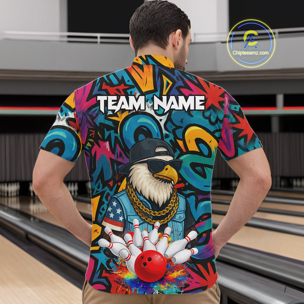 Funny Eagle Colorful Graffiti Bowling Shirt For Men Custom Bowling Team Jersey Polo & 1/4 Zpip TDM5784