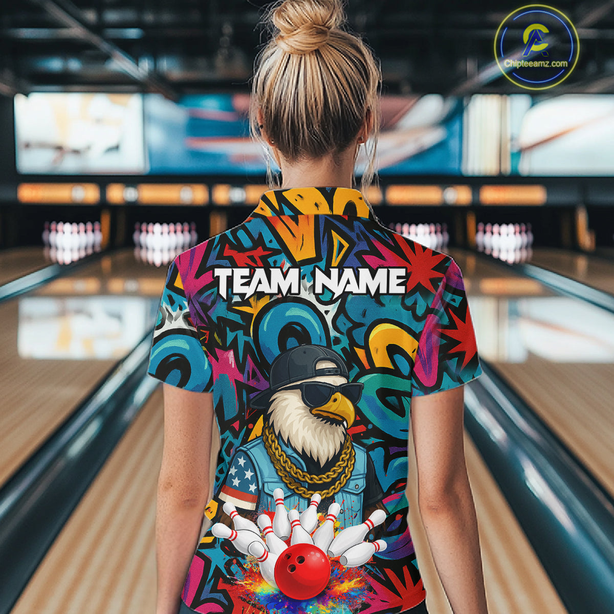 Funny Eagle Colorful Graffiti Bowling Shirt For Women Custom Bowling Team Jersey Polo & 1/4 Zpip TDM5784