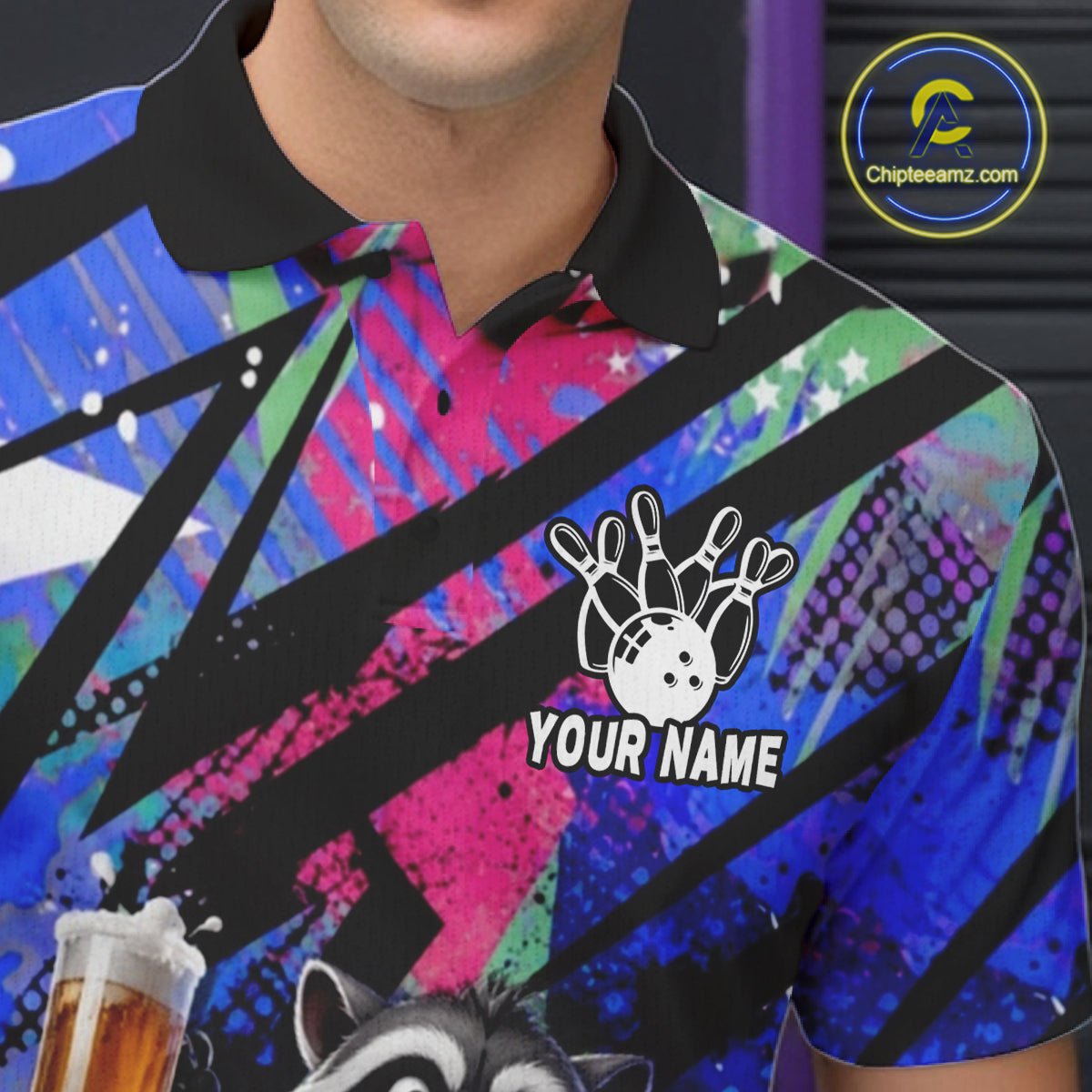 Funny Raccoon Colorful Graffiti Bowling Jersey For Men Custom Bowling Polo & 1/4 Zip Team Shirts TDM6572