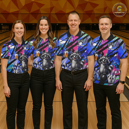 Funny Raccoon Colorful Graffiti Bowling Jersey For Men Custom Bowling Polo & 1/4 Zip Team Shirts TDM6572