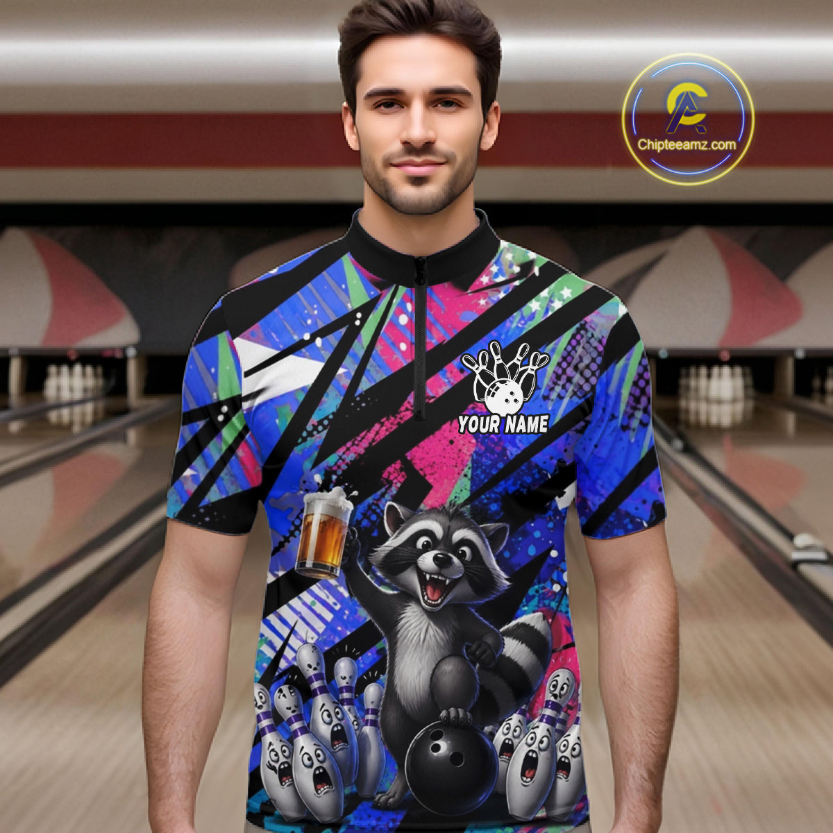 Funny Raccoon Colorful Graffiti Bowling Jersey For Men Custom Bowling Polo & 1/4 Zip Team Shirts TDM6572