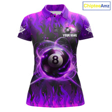 Load image into Gallery viewer, Purple 8 ball fire flame billiard polo shirt for women with custom pool team graphics.