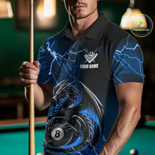 Load image into Gallery viewer, Man wearing a blue thunder lightning dragon 8 ball billiard jersey beside a pool table front view.