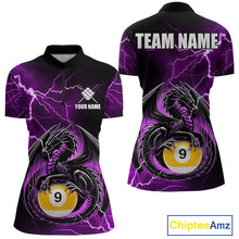 Load image into Gallery viewer, Purple thunder lightning dragon 9 ball billiard quarter zip shirt for women designed for league tournaments and team events.