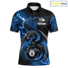 Load image into Gallery viewer, Blue thunder lightning dragon 8 ball and 9 ball billiard polo shirt for men with custom pool team graphics.