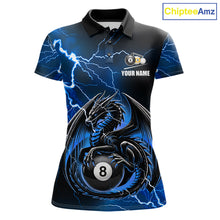 Load image into Gallery viewer, Blue thunder lightning dragon 8 ball and 9 ball billiard polo shirt for women with custom pool team graphics.