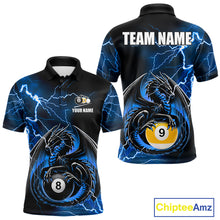 Load image into Gallery viewer, Blue thunder lightning dragon 8 ball and 9 ball billiard polo shirt for men with custom pool team graphics.