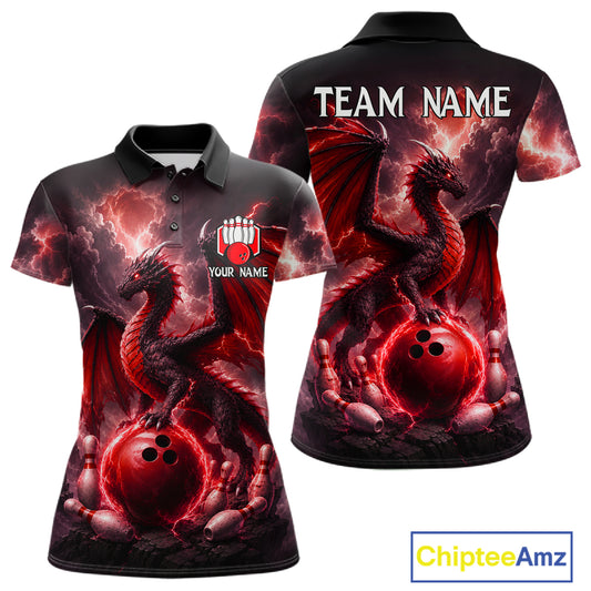 Personalized red dragon bowling team jersey polo shirt for women featuring a fierce red dragon design, premium custom bowling league apparel for tournaments and team play.