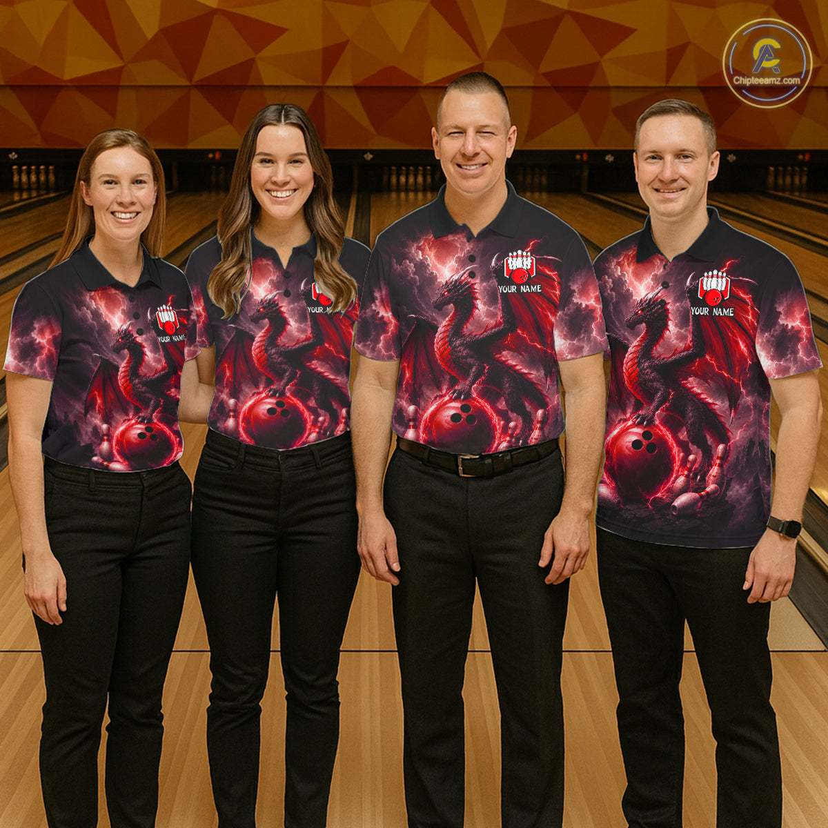 Bowling team wearing matching personalized red dragon bowling team jerseys, front view.