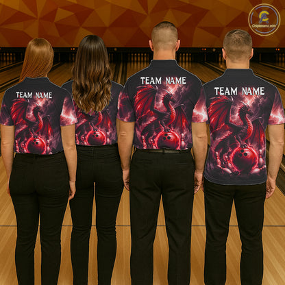 Bowling team wearing matching personalized red dragon bowling team jerseys, back view.