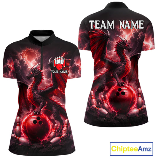 Personalized red dragon bowling team jersey quarter zip shirt for women featuring detailed red dragon artwork, premium custom bowling apparel.
