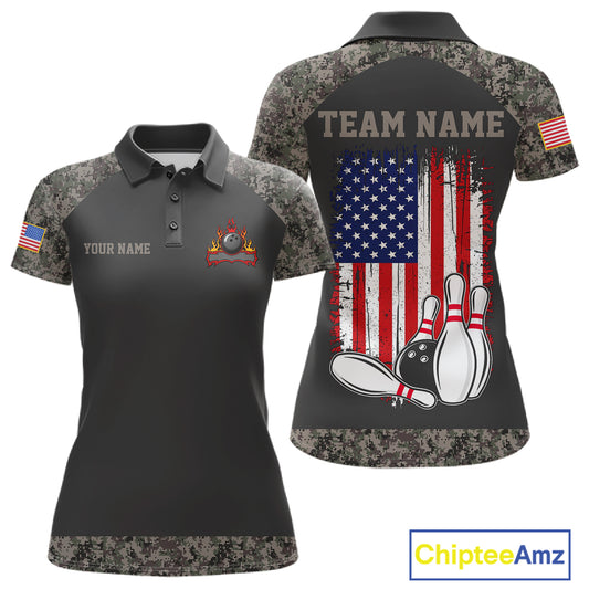 Personalized retro camo American flag bowling team jersey polo shirt for women featuring patriotic camouflage American flag artwork, premium custom bowling league apparel.