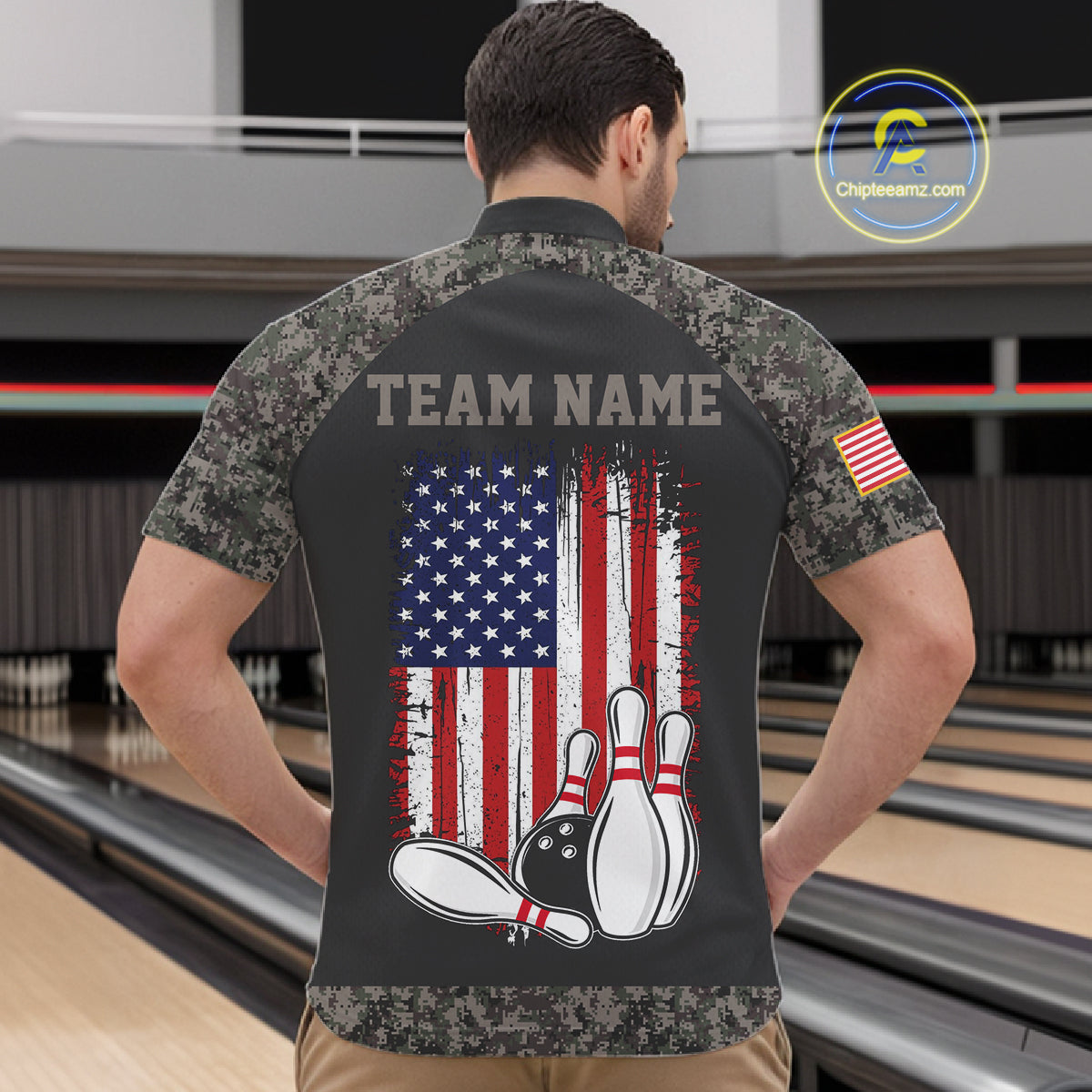 Man wearing personalized retro camo American flag bowling team jersey quarter zip shirt featuring patriotic camo American flag artwork, back view.