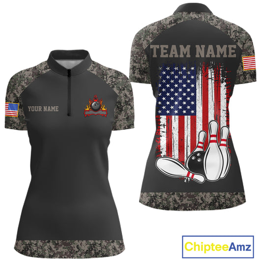 Personalized retro camo American flag bowling team jersey quarter zip shirt for women featuring retro camo American flag graphics, premium custom bowling apparel.