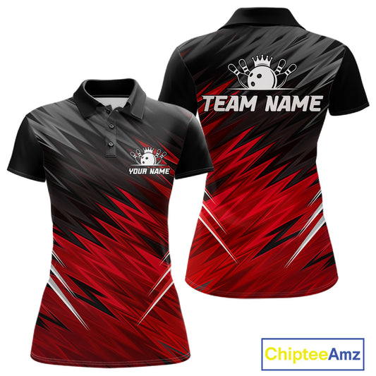 Personalized black and red bowling team jersey polo shirt for women featuring a modern black and red bowling design, premium custom bowling league apparel for tournaments and team play.