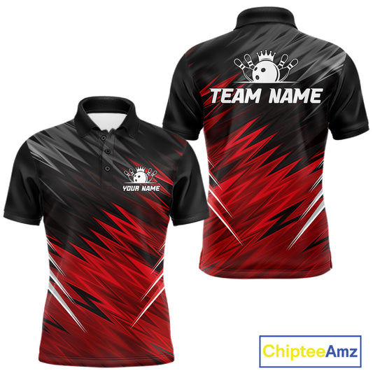 Personalized black and red bowling team jersey polo shirt for men featuring a modern black and red bowling design, premium custom bowling league apparel for tournaments and team play.