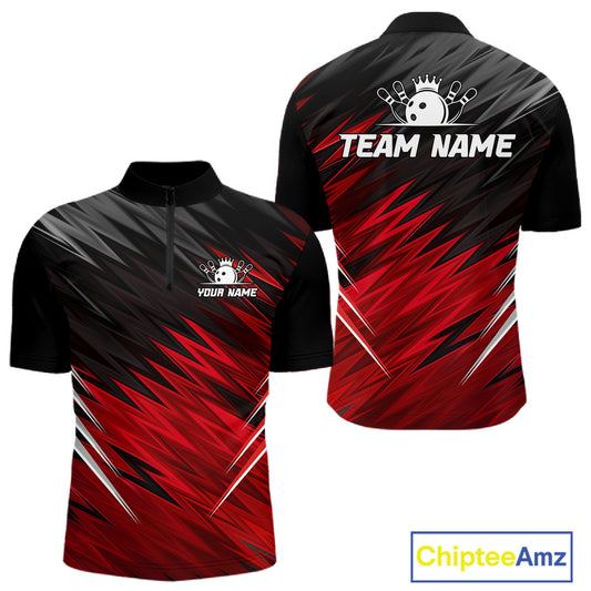 Personalized black and red bowling team jersey quarter zip shirt for men featuring bold black and red bowling graphics, premium custom bowling league apparel.