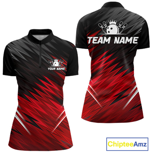 Personalized black and red bowling team jersey quarter zip shirt for women featuring bold black and red bowling graphics, premium custom bowling league apparel.