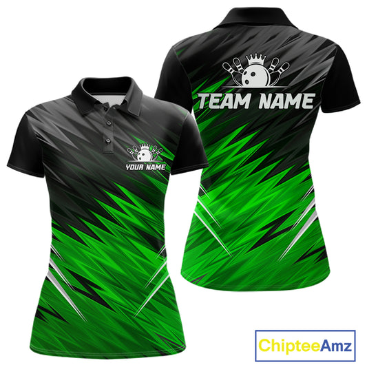 Personalized black and green bowling team jersey polo shirt for women featuring a modern black and green bowling design, premium custom bowling league apparel for tournaments and team play.