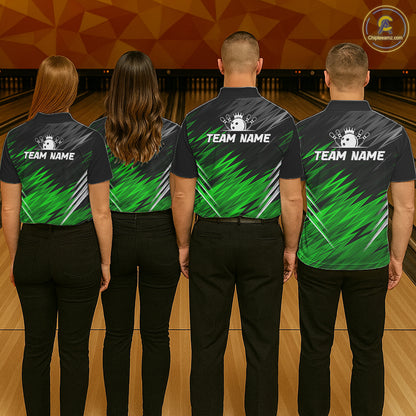 Bowling team wearing matching personalized black and green bowling team jerseys, back view.