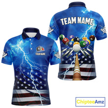 Load image into Gallery viewer, Blue Thunder Lightning American Flag Billiard Shirt For Men Custom Patriotic Pool Balls Jersey TDM4639