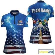 Load image into Gallery viewer, Blue Thunder Lightning American Flag Billiard Shirt For Women Custom Patriotic Pool Balls Jersey TDM4639